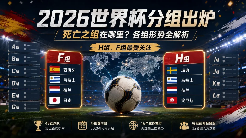 2026世界杯分组出炉信息图：F组（西班牙、乌拉圭、荷兰、日本）与H组（瑞典、乌拉圭、荷兰、突尼斯）被列为最受关注的"死亡之组"。本届世界杯共48支球队参赛，史上首次扩军，小组赛阶段2026年6月开启，由美国、加拿大、墨西哥三国联合承办，16个主办城市，每组前两名晋级32强淘汰赛。