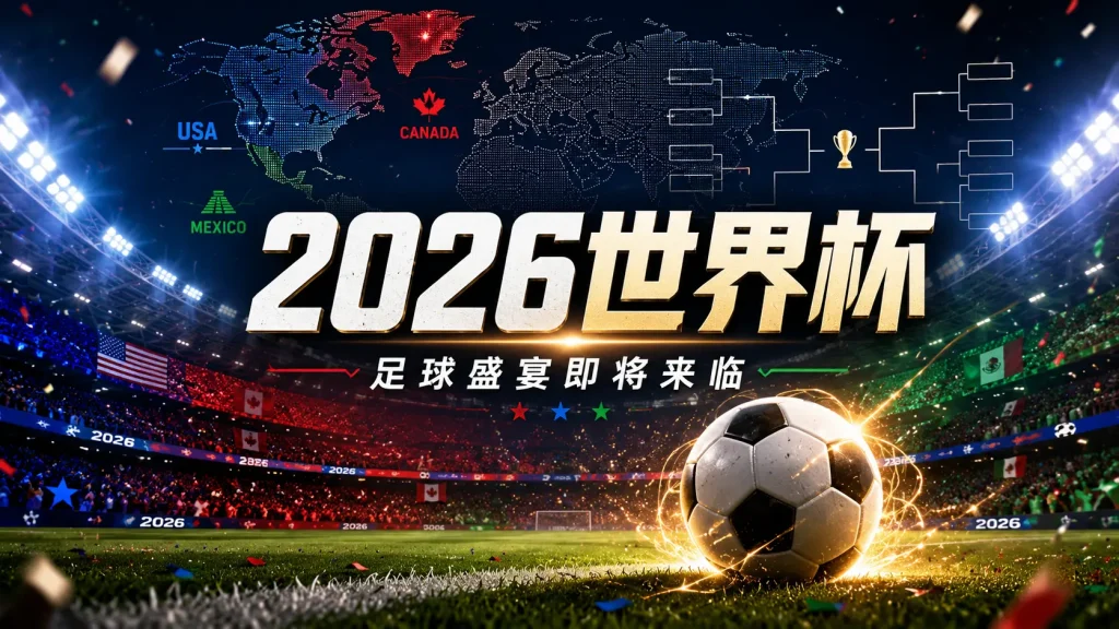 2026年FIFA世界杯宣传横幅：球场内一颗发光足球置于草坪中央，背景为点阵世界地图，标注美国（USA）、加拿大（Canada）、墨西哥（Mexico）三大联合主办国，大标题"2026世界杯·足球盛宴即将来临"，右侧展示淘汰赛对阵表与金色奖杯图标。